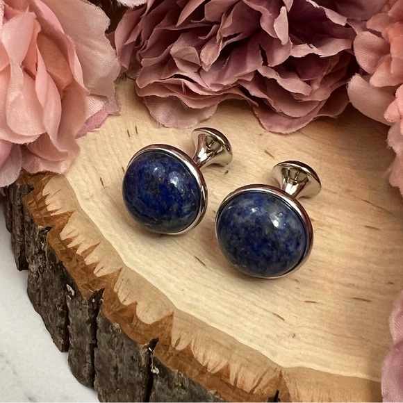 Elegant Round Blue Lapis Lazuli Cufflinks - Picture 7 of 17